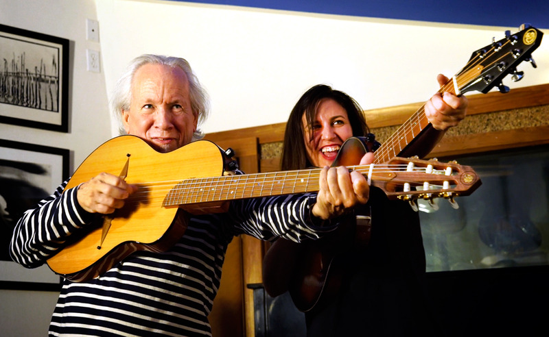 The guitar builder Rick Tuner and Susana Raya holding two of his guitars